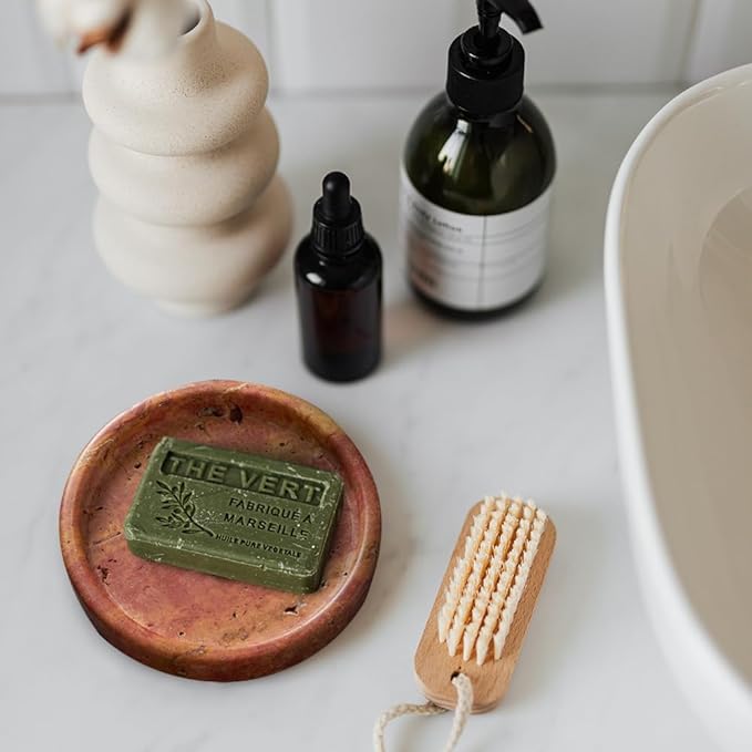 Natural Travertine Tray for Bathroom Countertop & Coffee Table, Round Stone Serving Dish with Marble Finish (Red, 5.9")
