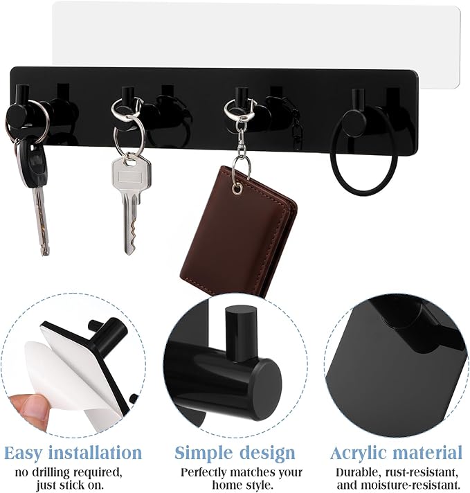 1 Pcs Adhesive Key Holder for Wall Acrylic Key Holder with 4 Hooks for Entryway, Door, Bathroom, Kitchen, Hang Keys, Hats, Dog Leashes, and Accessories(Black)