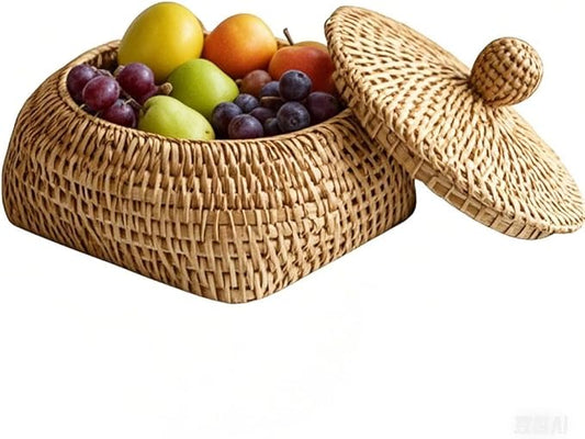 STOBAZA Small Round Remote Control Storage Box Woven Rattan Basket with Lid 3.15X4.33X3.15 Inches Compact Desktop Organizer for Living Room Coffee Table Sundries
