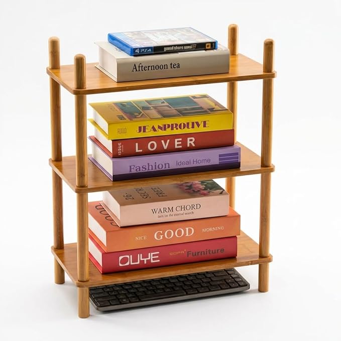 3-Tier Expandable Bamboo Desktop Organizer Shelf Kitchen Cabinet and Counter Riser Display Shelf for Top of Desk Home Office Bathroom Coffee Table Display Stand