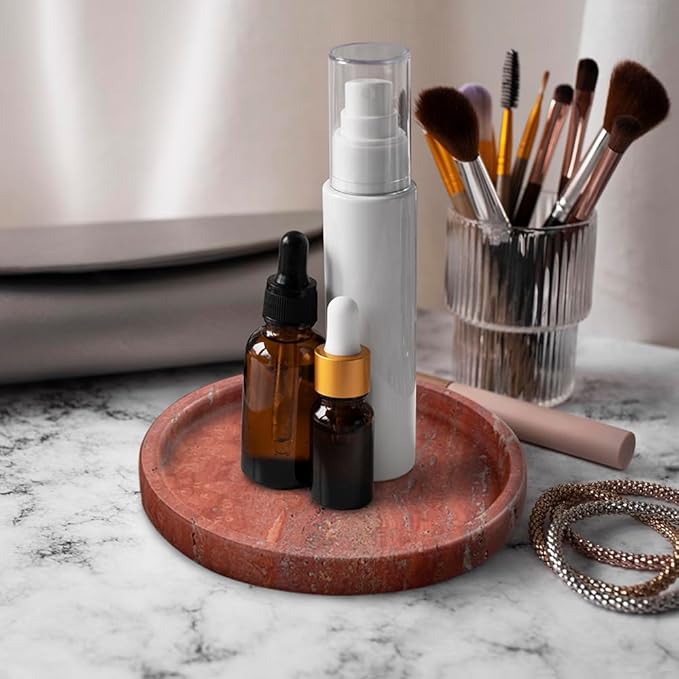 Natural Travertine Tray for Bathroom Countertop & Coffee Table, Round Stone Serving Dish with Marble Finish (Red, 8")