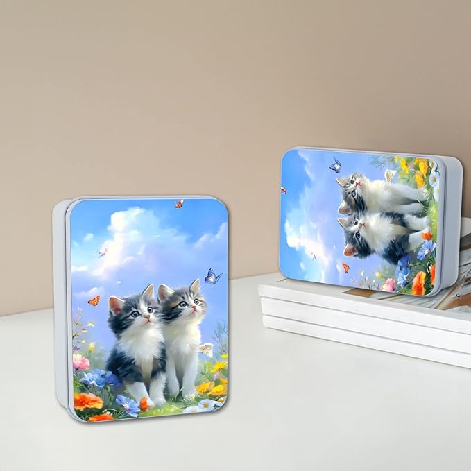 Metal Tin Box with Lid,Multi-functional Storage Large Box Can Store Tea Biscuits Game Cards, Playing & Tarot Cards-Comes with 4 Magnetic Cord Clips,Kittens with Butterflies