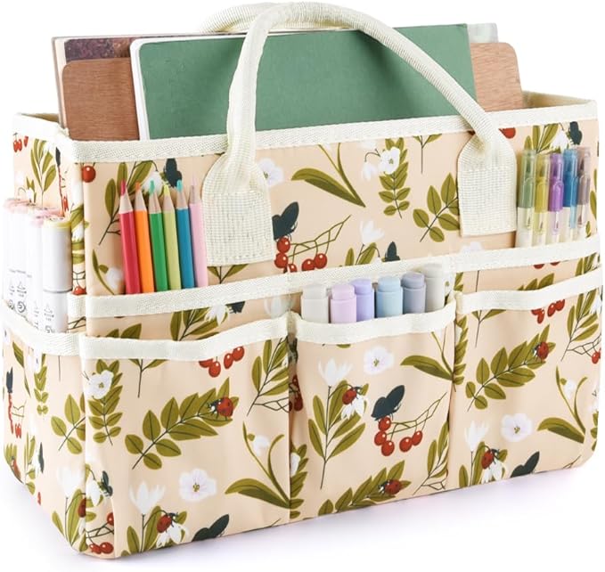 E-WEICHEN Craft Organizer Tote Bag Art Storage Caddy with Multiple Pockets Containers for Art,Craft,and Office Supplies Storage.Red Fruit