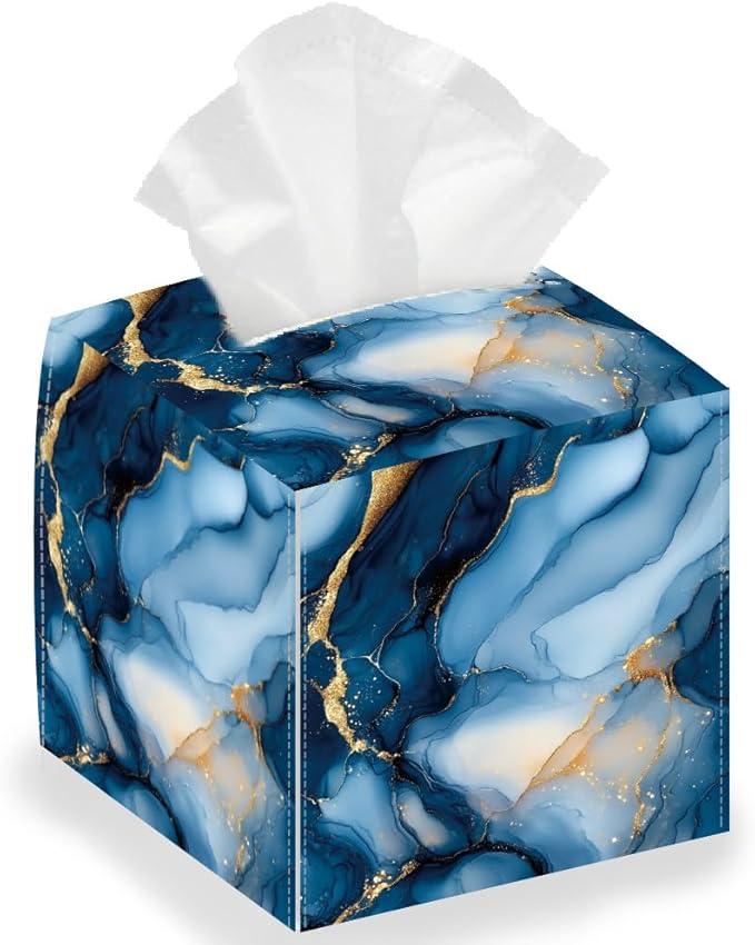 Blue Marble Tissue Box Holder, Square Tissue Box Cover Foldable Tissue Storage Box Waterproof Paper Towel Case Container Organizer Tissue Box Holder for Bedroom Office Car