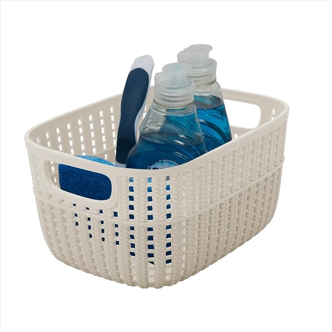 Simplify 4 Pack 2 Tone Sailor Knot Plastic Storage Tote | Decorative Basket | Closet Organization | De-clutter | Accessories | Toys | Bathroom Organization | Small | Ivory