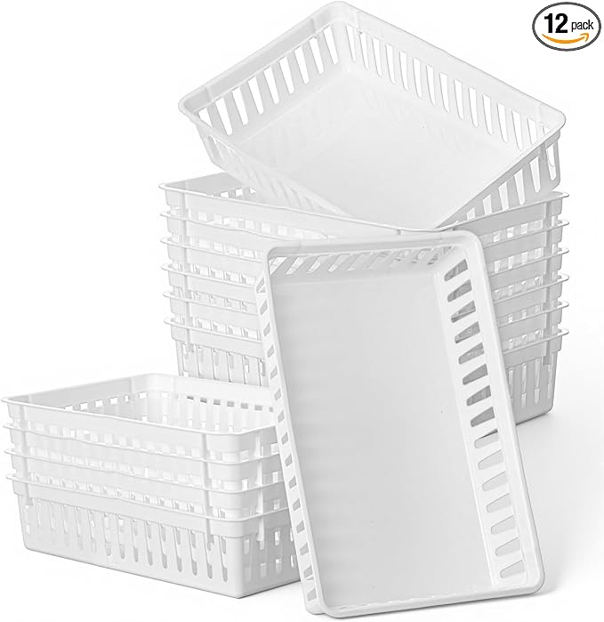 12 Pcs Plastic Organizer Baskets, 10.24 x 6.5 x 2.36 Inch Storage Bins Trays for Desk, Home Office, Shelves and Crafts Organization, White