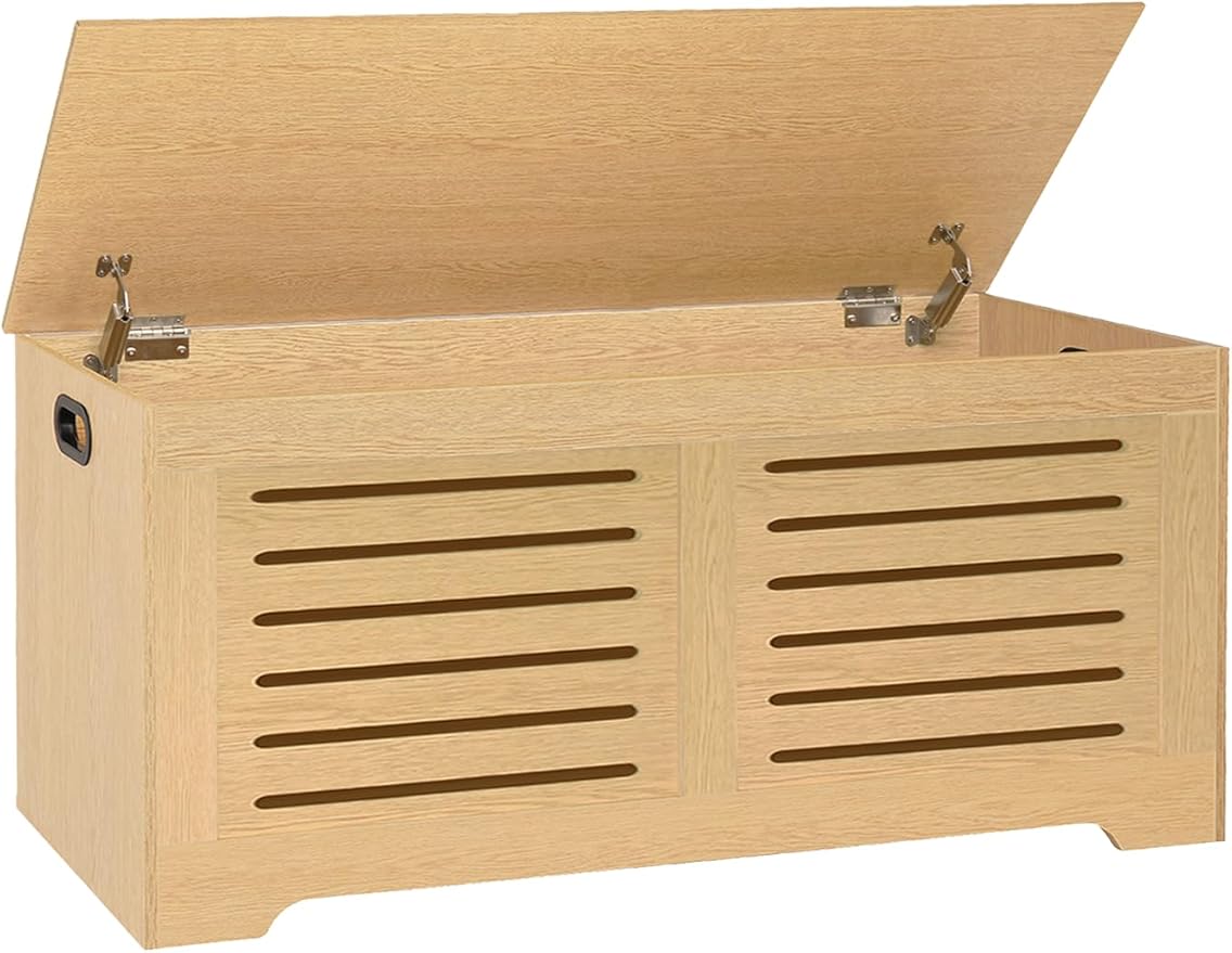 DINZI LVJ Storage Chest, 43.3âWooden Storage Box with 2 Safety Hinges, Entryway Shoe Bench with Flip-Top, Farmhouse Style Trunk for Living Room, Bedroom, Play Room, Easy Assembly, Natural