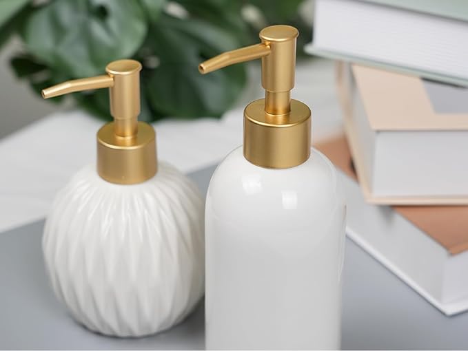Ceramic Soap Dispenser White with Gold Pump,Simple Design Cylindrical Lotion Dispenser Bottle,Refillable Liquid Hand Soap Dispenser for Kitchen,Bathroom,Washroom
