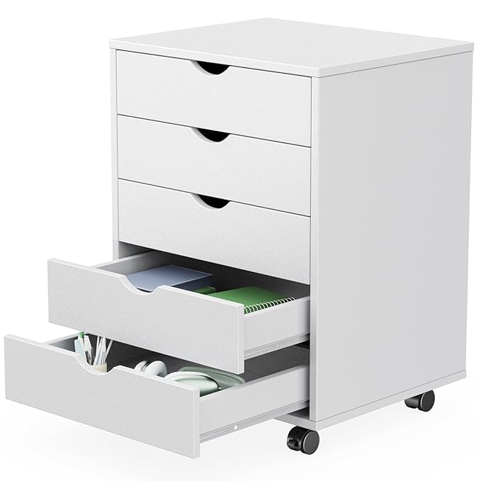 Sweetcrispy 5 Drawer Chest Mobile Storage Cabinets Small Wooden Dresser with Wheels Room Organization Furniture for Office Home, White Wood