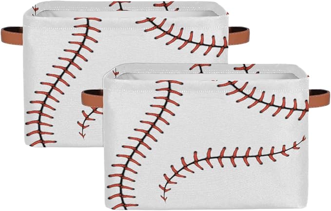 AUUXVA Storage Basket Baseball Stitches Storage Cube Box Sport Baseball Basket Softball Canvas Collapsible Toy Storage Bin Shelf Kids Gift Basket with Handles, 1Pc