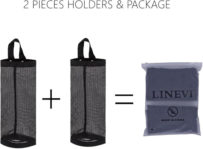 Bag Holder for Plastic Bags, 2 Pcs Polyester Grocery Bag Holder Plastic Dispenser Foldable Breathable Washable Hanging Mesh Garbage Bag Organizer for Kitchen Plastic Bag Storage (Black)