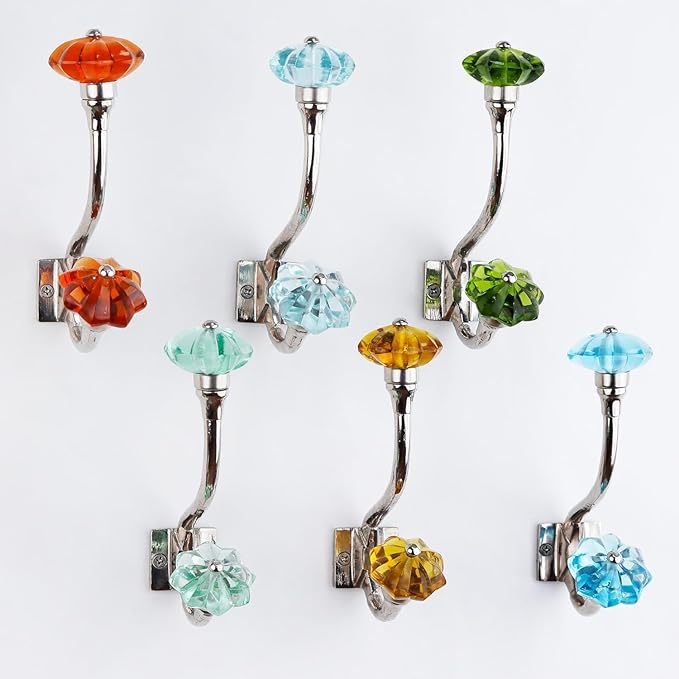 Indian Shelf Pack of 6 Heavy Duty Colorful Crystal Double Prong Glass Decorative Wall Hooks Unique Coat Rack Wall Mount Double Hooks for Hanging Towel Hooks for Bathrooms Backpack Purse Hanger