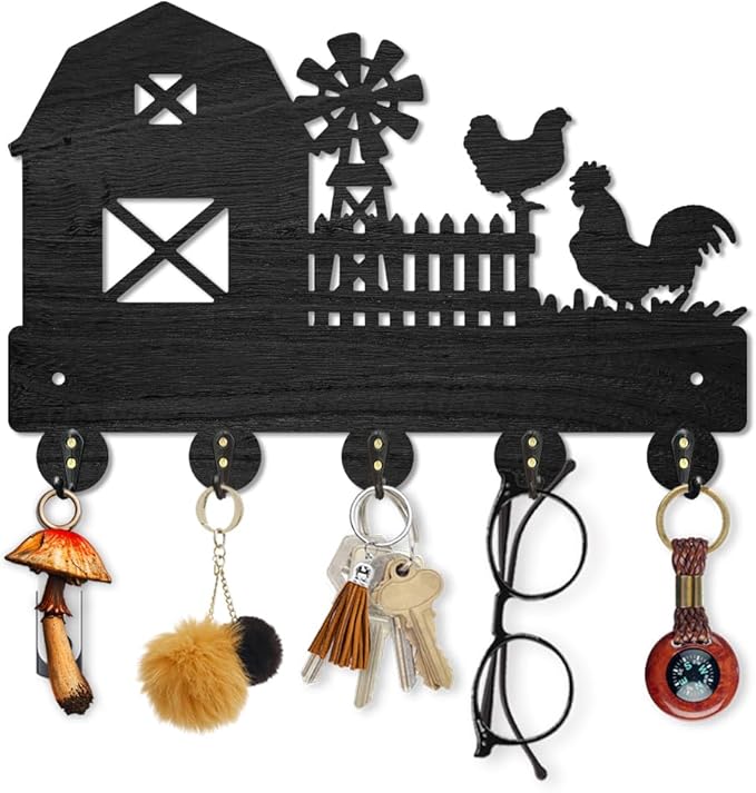 MAYJOYDIY Farm Rooster Hen Wall Mounted Coat Rack Farmhouse Windmill Wood Key Hooks for Wall 11.8×7.9inch Black Key Holder Hanger Wall Art Decor with 5 Alloy Hooks for Gift Hallway Entryway Kitchen