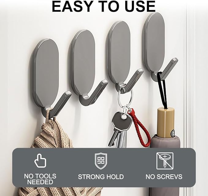 Koja 5-Pack Heavy Duty Self-Adhesive Hanging Hooks for Keys, Bathroom, Shower, Outdoor, Kitchen, Door, Home Improvement, Utility Room. - Grey
