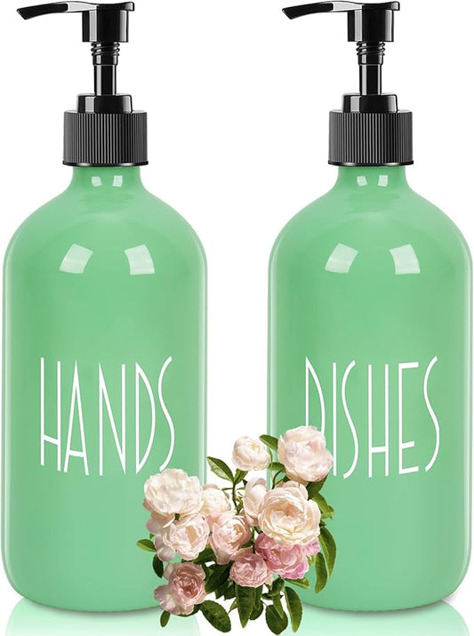 Dish Soap Dispenser for Kitchen - 16 OZ Glass Hand Soap Dispenser Set - Kitchen Bathroom Decor and Accessories (Avocado Green)