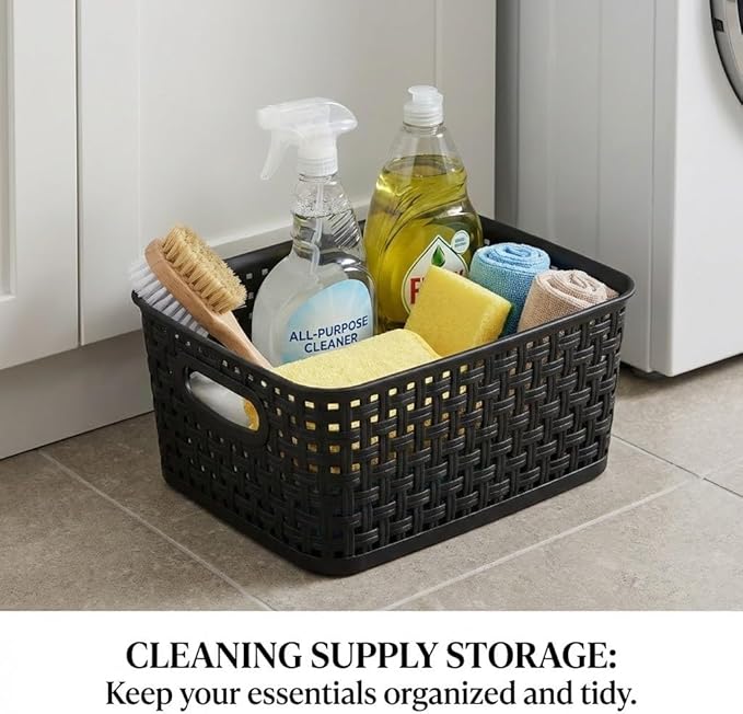 8 Pack Black Storage Baskets, Plastic Woven Organizer Baskets, Stackable Shelf Baskets for Closet, Pantry, Bathroom & Laundry Room