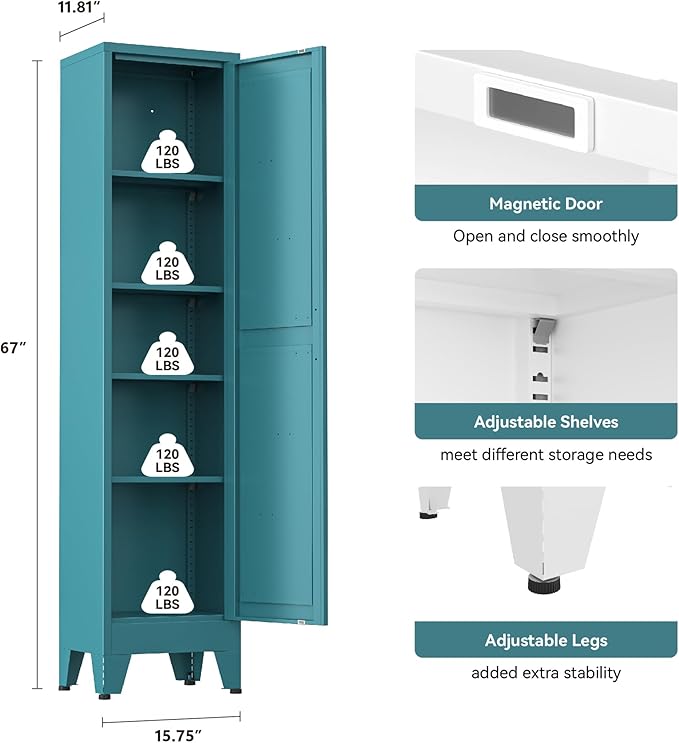 White Narrow Metal Storage Cabinet, Tall Freestanding Cabinet with 4 Adjustable Shelves & Barn Doors, Pantry Organizer for Bathroom Kitchen Home Office Dining Room（1PC,Blue