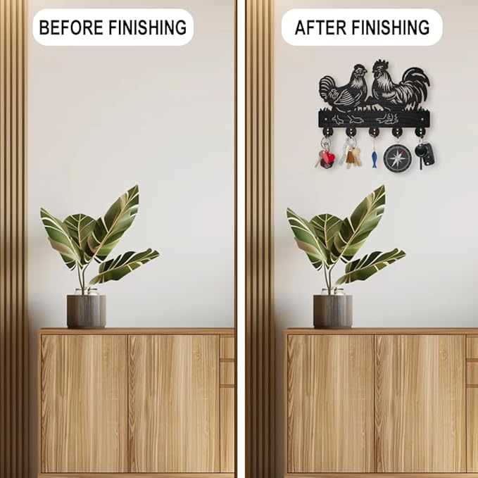 MAYJOYDIY Rooster Hen Coat Hooks Wall Mount Wood Farmhouse Animal Mushroom Key Holder for Wall 11.8×7.9inch Decorative Key Rack 5 Alloy Hooks for Gift Hallway Entryway Kitchen Farm Decor