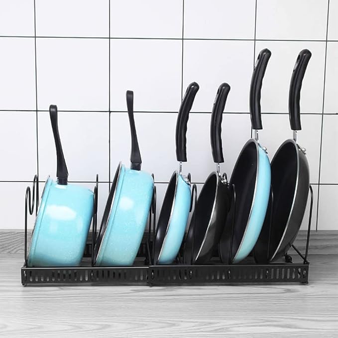 Expandable Pots & Pans Organizer, Pan Rack for Kitchen Countertop & Cabinet, 12 Adjustable Dividers, Pot Lid Organizer, Cutting Board Holder