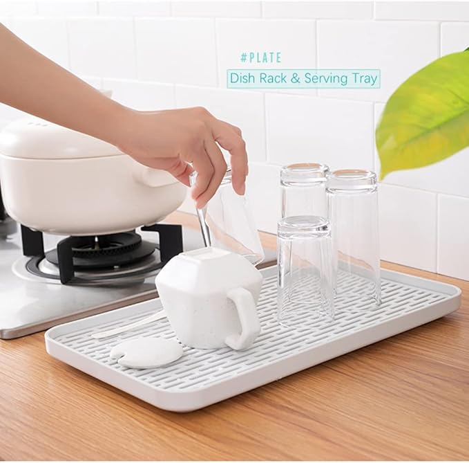 Small Drain Rack for Kitchen Sink, 2 Tier Cup & Dish Drying Rack for Office, Coffee Table, Multi-Use Tray for Serving, White & Grey Dish Drying Mat Big Enough