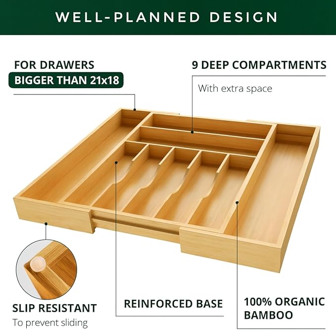 Bamboo Drawer Organizer – Expandable 9 Slot Silverware & Utensil Tray for Kitchen, Office & Kitchen –Fits 13”–19.6” Drawers, Natural Bamboo Wood, Deep Compartments - Durable & Eco-Friendly