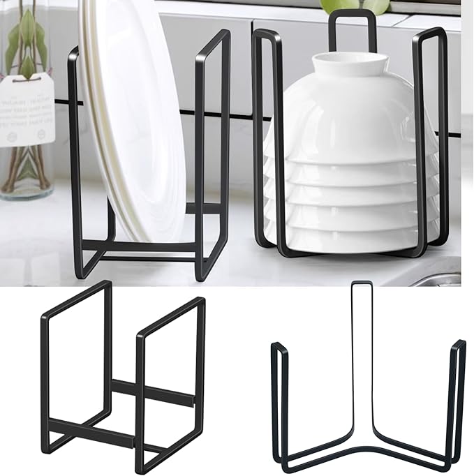 Dinnerware Bowl Plate Holder Fit for 6.5 Inches Diameters Bowl, Metal Bowl Storage Dying Display Rack for Kitchen Drawer, Countertop, Cabinet, Shelf, Cupboard (Black, 2L Bowl rack+ 2L Disc rack)