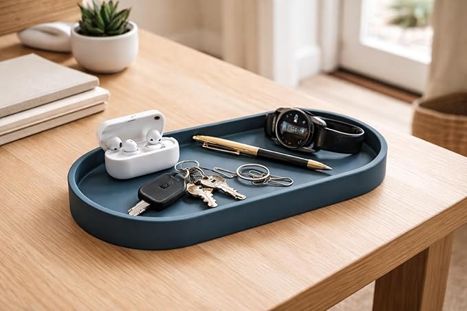 Happitasa Premium 12â x 5â Silicone Vanity Tray | Sink and Surface Organizer with Sturdy Non-Slip Base | Heat Safe, Dishwasher Safe (Smoky Blue)