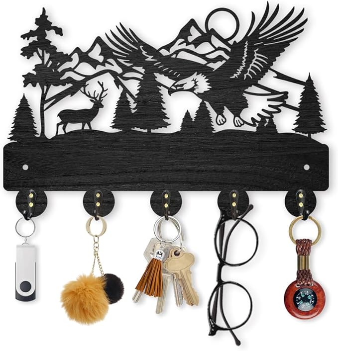 MAYJOYDIY Eagle Deer Forest Coat Hooks Wall Mounted 11.8×7.9inch Black Wooden Eagle Key Holder for Wall 5 Alloy Hooks Wall Art Decor Deer Hangers for Towel Key Kitchen Bedroom Entryway Gifts