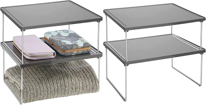 mDesign Metal Stacking Storage Organization for Shelves Inside Closet in Bedroom, Bathroom, Hall, Entryway - Organizer Stand for Clothing, Linen, Household Items, Ligne Collection, 4 Pack, Dark Gray