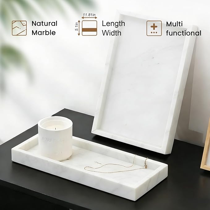 Natural Marble Tray, Stone Tray for Bedroom/Bathroom/Kitchen/Vanity Countertop, Jewelry Tray for Rings Earrings Necklace Bracelet Watch, Room Decor Aesthetic