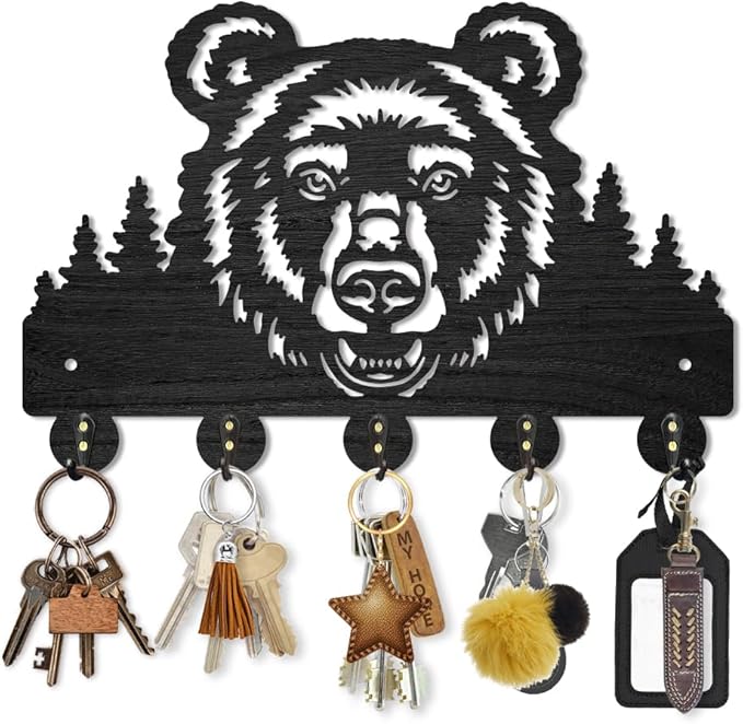 MAYJOYDIY Wooden Bear Forest Coat Hooks Wild Animal Tree Key Holder for Wall 11.8×7.9inch Decorative Bear Head Key Hooks Organizer Rack with 5 Alloy Hooks for Gift Farmhouse Hallway Entryway Decor