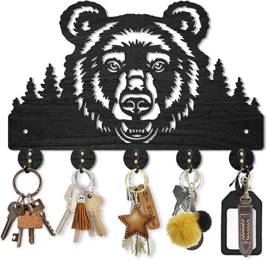 MAYJOYDIY Wooden Bear Forest Coat Hooks Wild Animal Tree Key Holder for Wall 11.8×7.9inch Decorative Bear Head Key Hooks Organizer Rack with 5 Alloy Hooks for Gift Farmhouse Hallway Entryway Decor