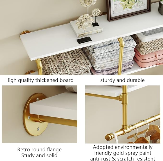 MAIKAILUN Industrial Pipe Clothes Rack Gold with Wood Shelf, 52" Long Wall Mounted Clothing Rack with Hanging Rod for Laundry Room, Heavy Duty Pipe Shelves, Closet Storage, Retail Boutique Display