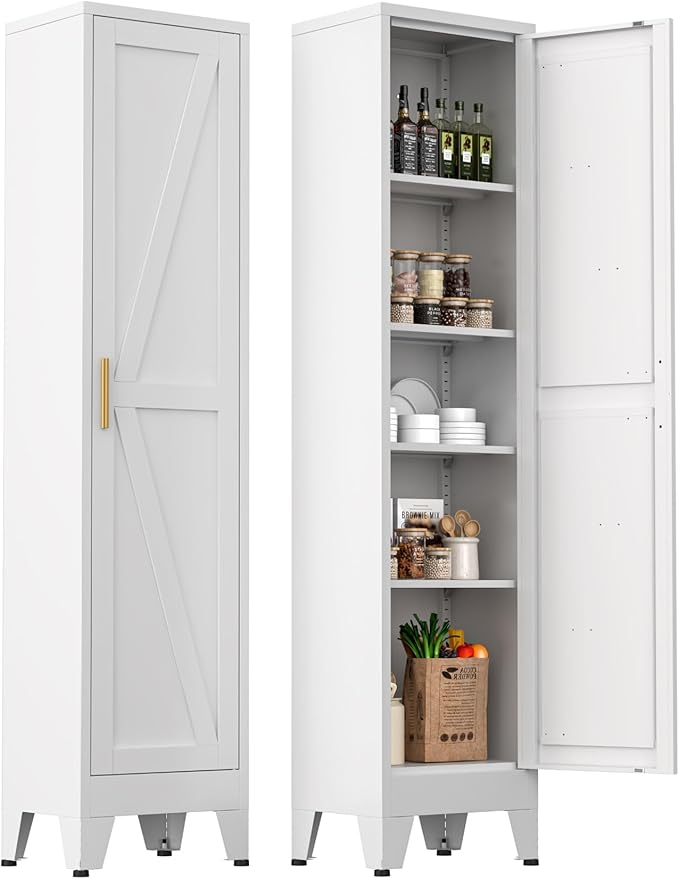 White Narrow Metal Storage Cabinet, Tall Freestanding Cabinet with 4 Adjustable Shelves & Barn Doors, Pantry Organizer for Bathroom Kitchen Home Office Dining Room（1PC,White）