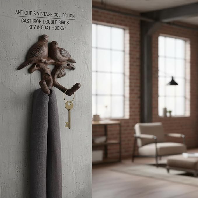 Comfy Hour 5.4" Heavy Duty Cast Iron Bird Wall Hook, Decorative Double Bird Key Holder for Wall, Rustic Animal Coat Rack for Entryway, Bathroom & Mudroom, Antique Brown Finish, 1 pc