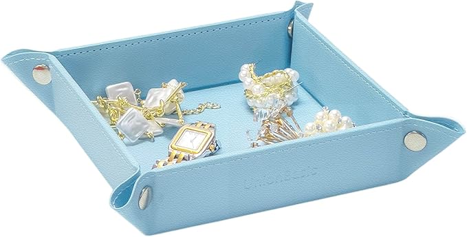 UnionBasic Small Valet Tray, Jewelry Tray for Rings Watches Earrings, Entryway Catchall Caddy for Coins Keys Change, Nightstand Bedside Valet Holder, Trays for Electronic Gadgets, Lychee Blue