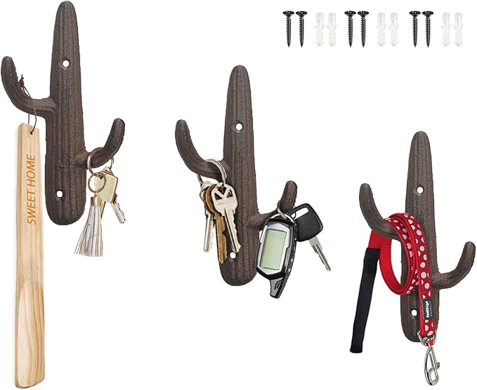 Comfify Set of 3 Hooks Cast Iron Cactus Double Wall Mounted Hooks/Hangers - Decorative Wall Mounted Hooks for Coats, Bags, Towels and More - w/Screws and Anchors Included - Brown