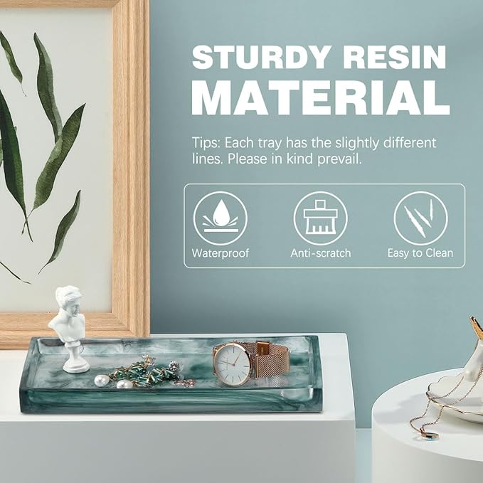 Emibele Bathroom Tray - Resin Countertop Vanity Tray with Jewelry Storage & Organizer for Candle, Plant, Perfume, Shampoo, Towel - Home Decor, Medium, Ink Green
