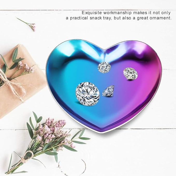 Stainless Steel Jewelry Tray, Heart Shaped Trinket Dish for Rings Earrings Necklaces Bracelet Watch Keys, Plate Tea Tray Fruit Tray Cosmetics Jewelry Organizer Box(Colorful)