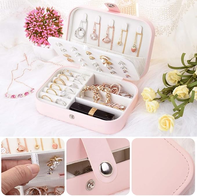 jiemei Jewelry Box, Travel Jewelry Organizer Cases with Doubel Layer for Women’s Necklace Earrings Rings and Travel Accessories(Pink)