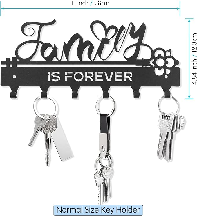 ”Family is Forever”Key Holder Wall Mounted,Key Holder on Wall,Black Metal Decorative Key Rack Hooks for Garage,Mudroom,Hallway,Entryway,Front Door,Office(Normal Size:28x12.3cm)