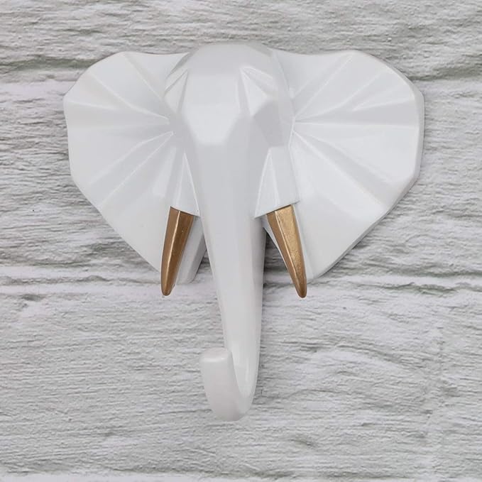 Elephant Head Modern Wall Decoration Resin Animal Creative Hook Home Cloakroom Bedroom Jewelry Display Key Scarf Bag Coat Holder Rack (White, Gold, Blue, Black)