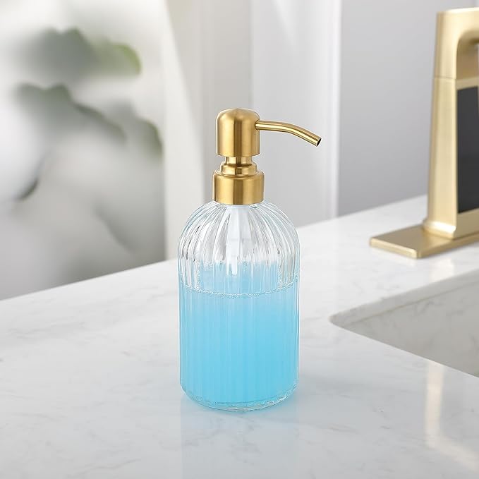 Gold Glass Soap Dispenser with Rust Proof Metal Pump, Vintage & Antique Design, 16oz Clear Glass Dish Soap Dispenser for Bathroom & Kitchen, 2 Packs