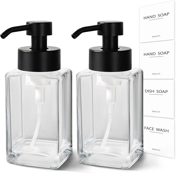Foaming Soap Dispenser, 12oz/350ml Glass Foaming Hand Soap Dispenser Set, 2Pcs Refillable Foam Soap Dispenser With Foaming Pump, Labels, Square Foam Soap Hand Dispenser For Bathroom, Kitchen