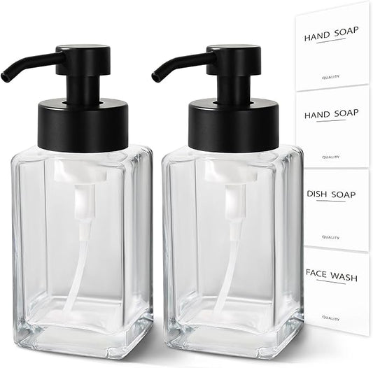 Foaming Soap Dispenser, 12oz/350ml Glass Foaming Hand Soap Dispenser Set, 2Pcs Refillable Foam Soap Dispenser With Foaming Pump, Labels, Square Foam Soap Hand Dispenser For Bathroom, Kitchen
