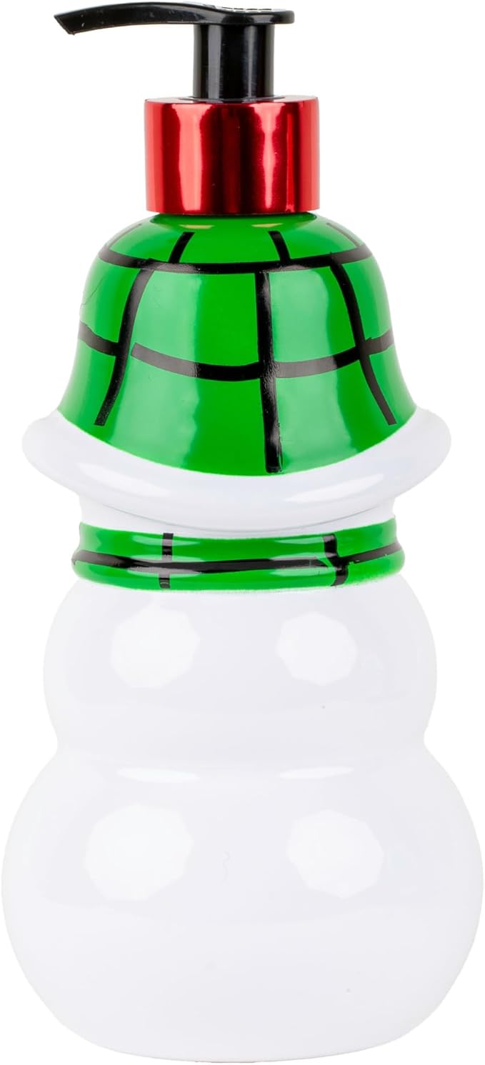 Simple Pleasures Snow Frosting Hand Soap Dispenser – 16.9 fl oz Refillable Holiday Soap, Ceramic Snowman Design with Candy Cane & Green Scarf – Festive Winter Bathroom & Kitchen Décor Gift