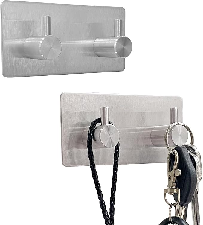 Wall Mounted Key Holder,3 Key hooks for Wall Decorative,Adhesive Key Organizer Key Hanger for Entryway, Kitchen, Bedroom,Bathroom - (Silver, 2 Hooks - 2 Pack)