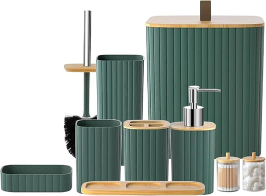 Bathroom Set - 9PCS Green Bathroom Accessories Set Toilet Brush Holder Set Soap Dispenser Decorative Countertop Bathroom Accessory Set with Trash Can Bathroom Decor Set for Home, Restroom