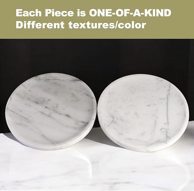Natural Marble Decorative Tray for Bathroom Bedroom Kitchen Dresser, 9.8â Round Vanity Trays for Jewelry, Perfume, Cosmetic, Candle, Countertop Storage Organizer for Home Decor White, Arabescato