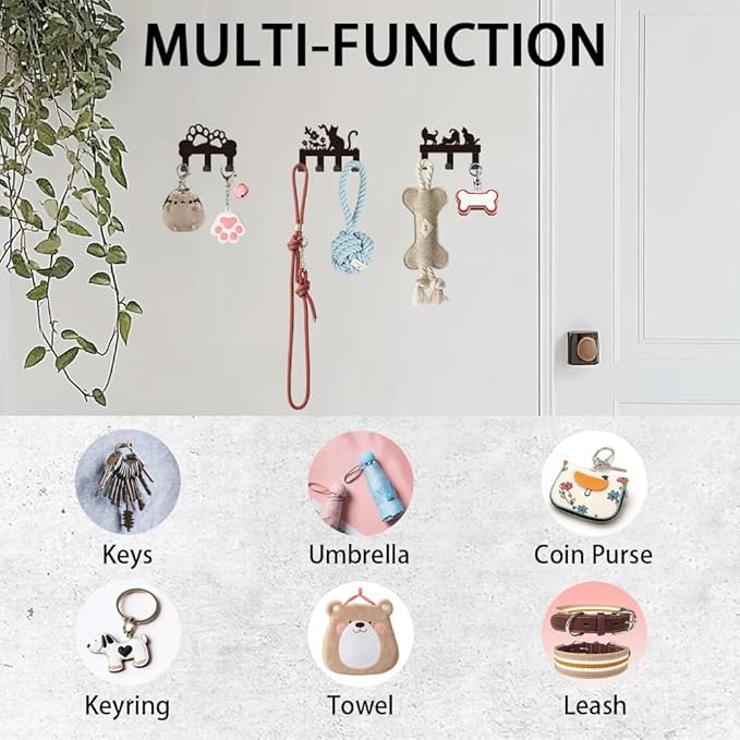 Cat Various Actions Metal Key Holder for Wall Mini Key Hook Organizer Rack Key Hangers Wall Decorative with 3 Hooks for Entryway Front Door Hallway Kitchen Office Bag Clothes Key Hanging